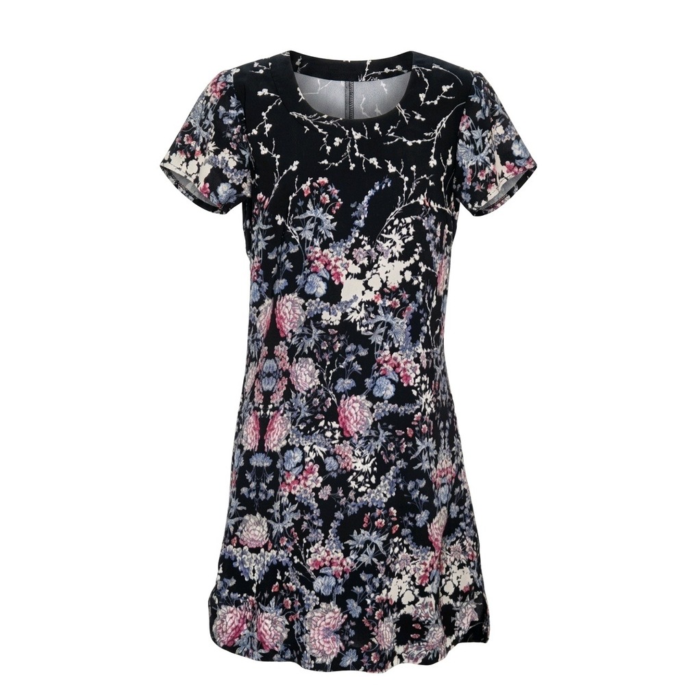 Japna Floral Short Sleeve Shift Dress Navy Pink Blue Scoop Neck Mini Lined